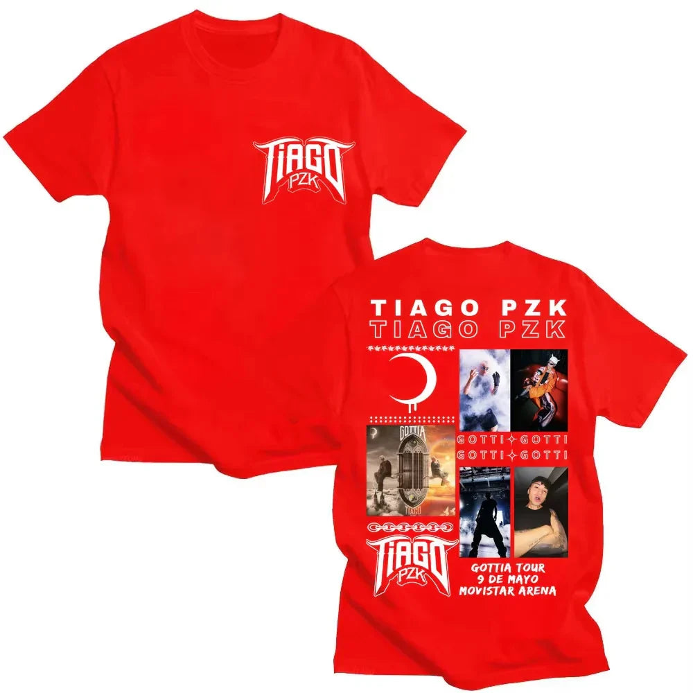 Red cotton oversized popular tee featuring white vintage hip hop graphic and rapper tiago pzk tour 2026 design