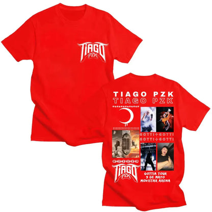 Red cotton oversized popular tee featuring white vintage hip hop graphic and rapper tiago pzk tour 2026 design