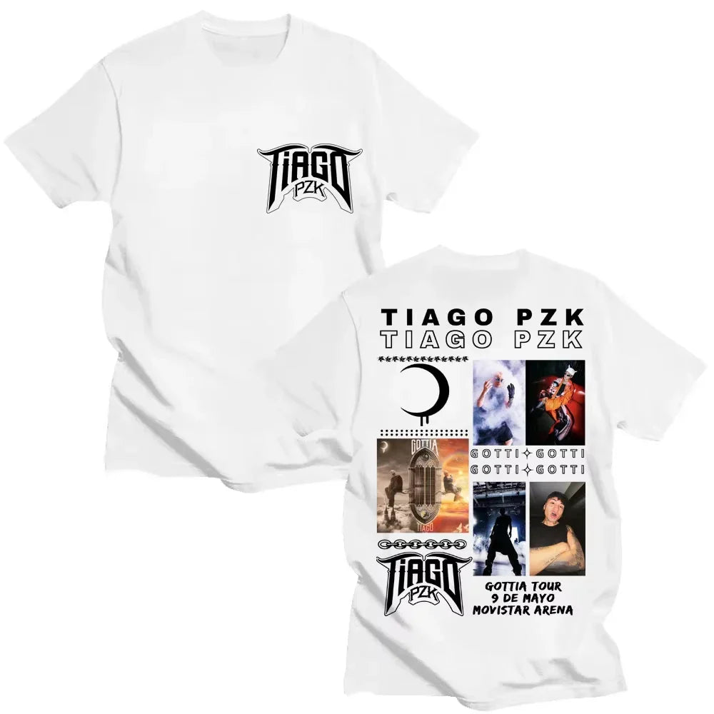 White cotton oversized popular tee with rapper tiago pzk vintage hip hop graphic design on back for tour 2026
