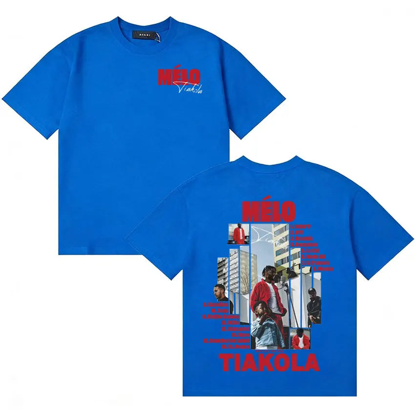 Blue oversized short sleeve streetwear tshirts hip featuring bold red rapper tiakola melo graphic and photographic collage back