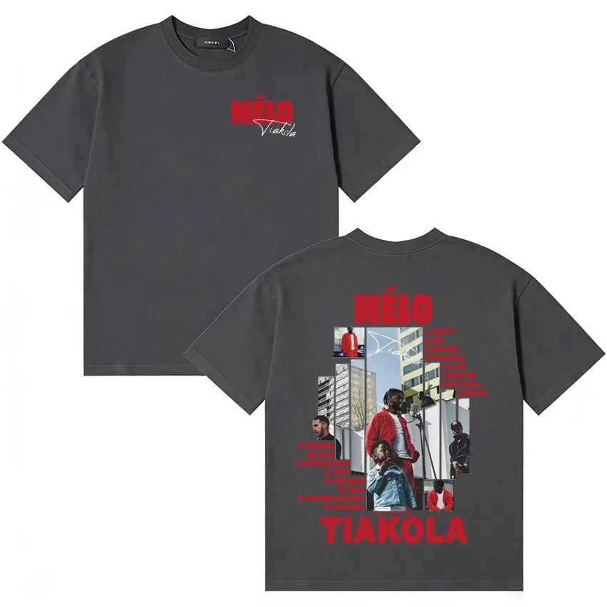Back of dark gray short-sleeved rapper tiakola melo graphic tour streetwear tshirts hip hop oversized t-shirt with red print