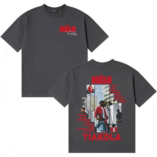 Back of dark gray short-sleeved rapper tiakola melo graphic tour streetwear tshirts hip hop oversized t-shirt with red print