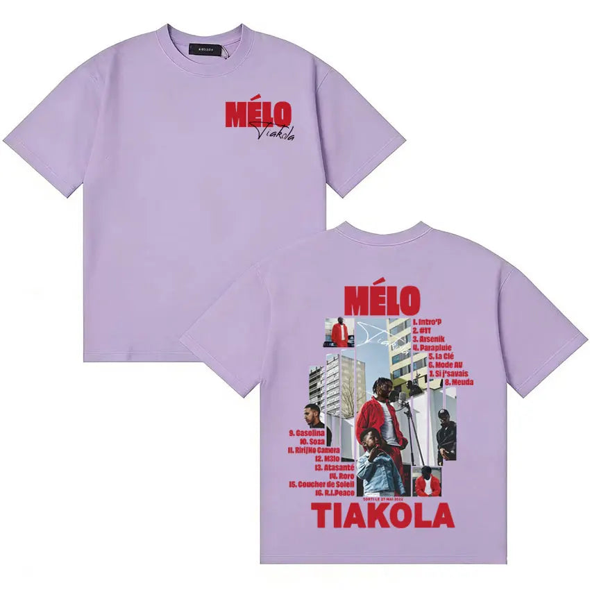 Lavender rapper tiakola melo graphic tour 2025 oversized streetwear tshirt with red text and urban design on front and back