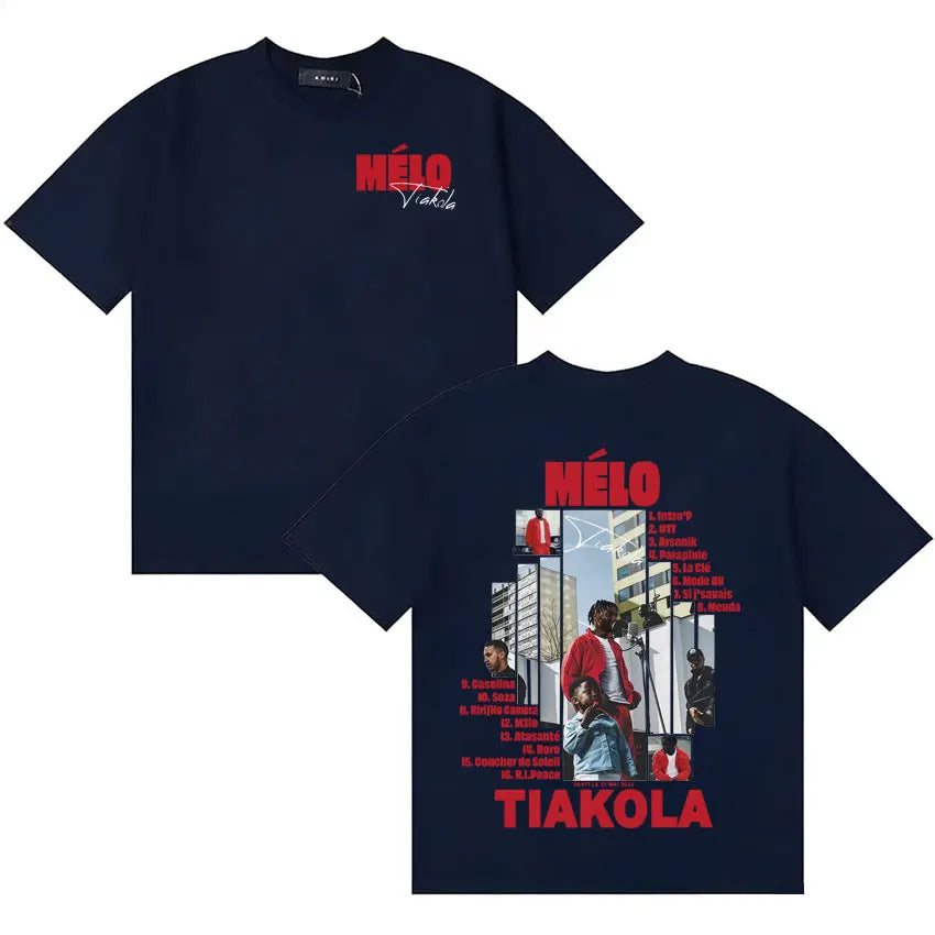 Navy blue rapper tiakola melo graphic tour t-shirt with bold red text and urban streetwear tshirts hip back print