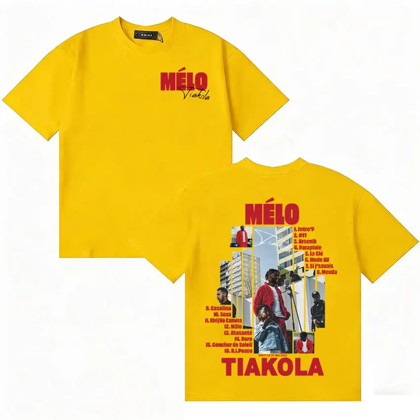 Bright yellow oversized t shirt featuring bold red graphic print from rapper tiakola melo graphic tour 2025 streetwear tshirts hip hop