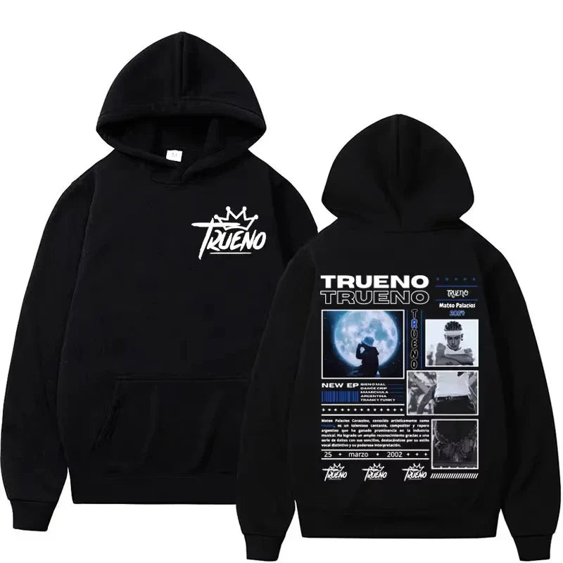 Black hoodie male harajuku with white trueno logo and rapper trueno album graphic back print punk rock hoodies