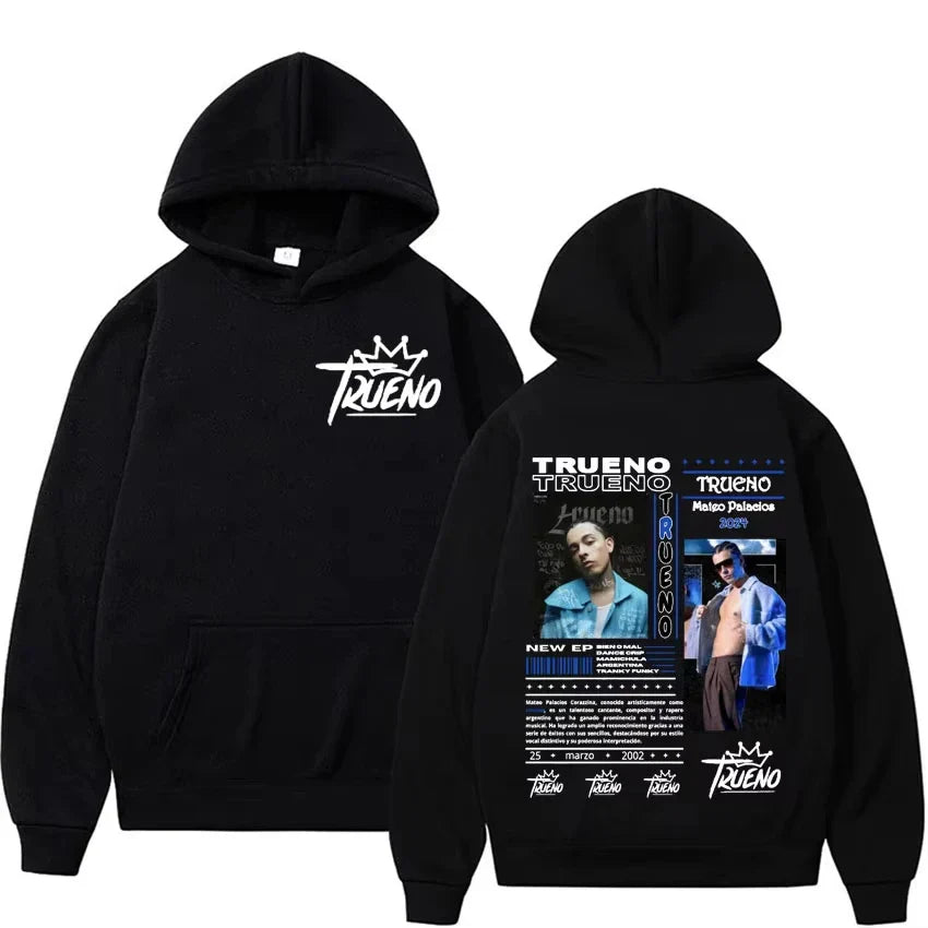 Black fleece hoodie male harajuku featuring white trueno logo front and detailed maico palacios print back punk rock hoodies