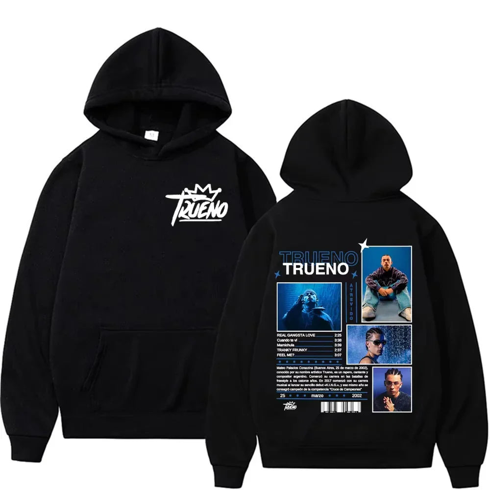 Black hoodie male harajuku featuring rapper trueno album white logo front and detailed punk rock hoodies back print