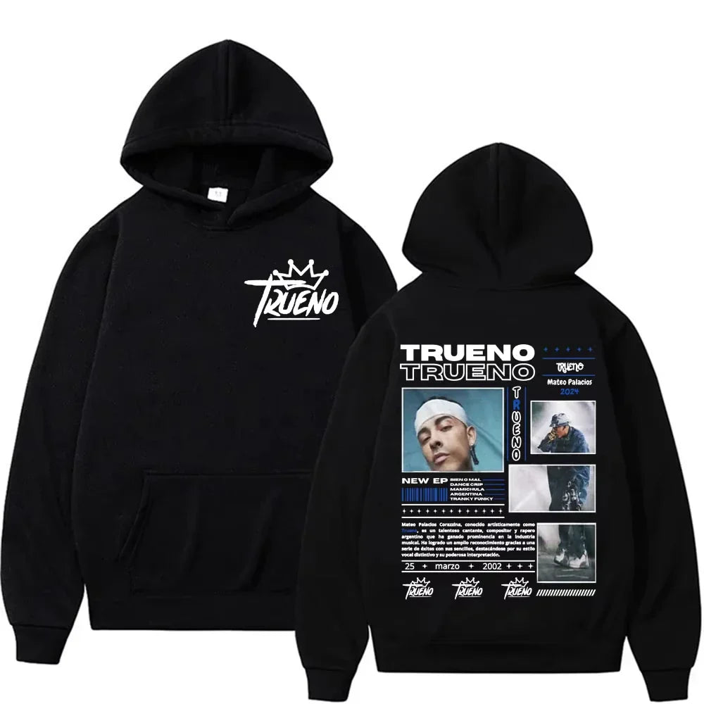 Black hoodie male harajuku featuring rapper trueno album white graphics and punk rock hoodies style high quality fleece