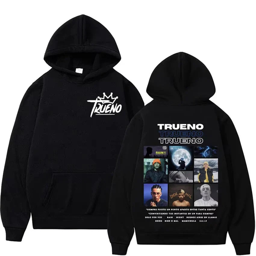 Black hoodie male harajuku featuring white trueno logo front and rapper trueno album collage back punk rock hoodies