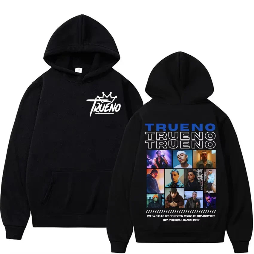 Black hoodie male harajuku with white crown logo front and rapper trueno album collage punk rock hoodies back design