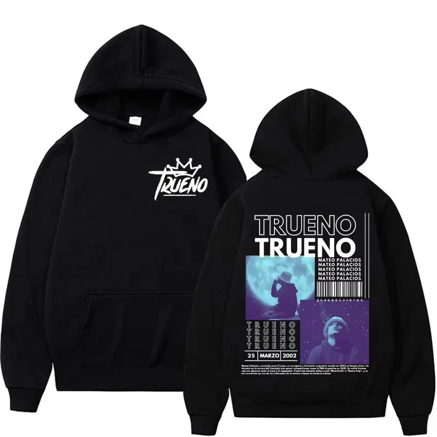 Black hoodie male harajuku with white trueno logo and rapper trueno album cover graphic for punk rock hoodies fans
