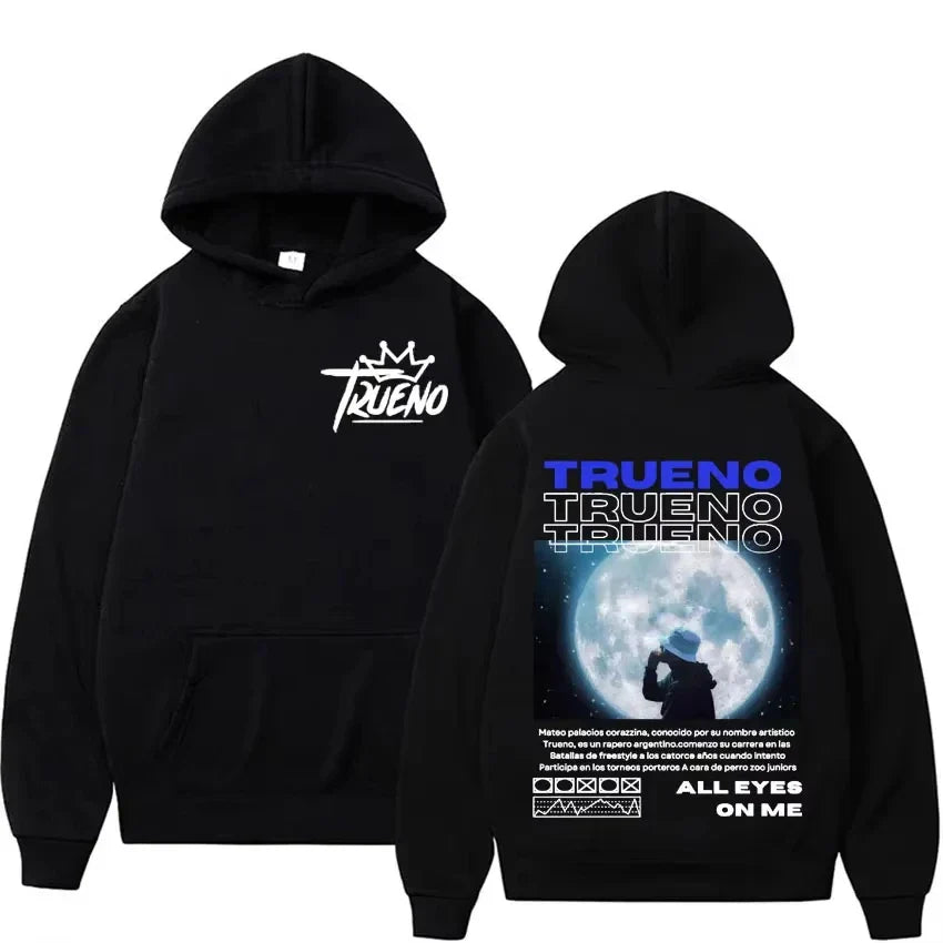 Black fleece hoodie male harajuku with white trueno logo front and moon silhouette back print punk rock hoodies