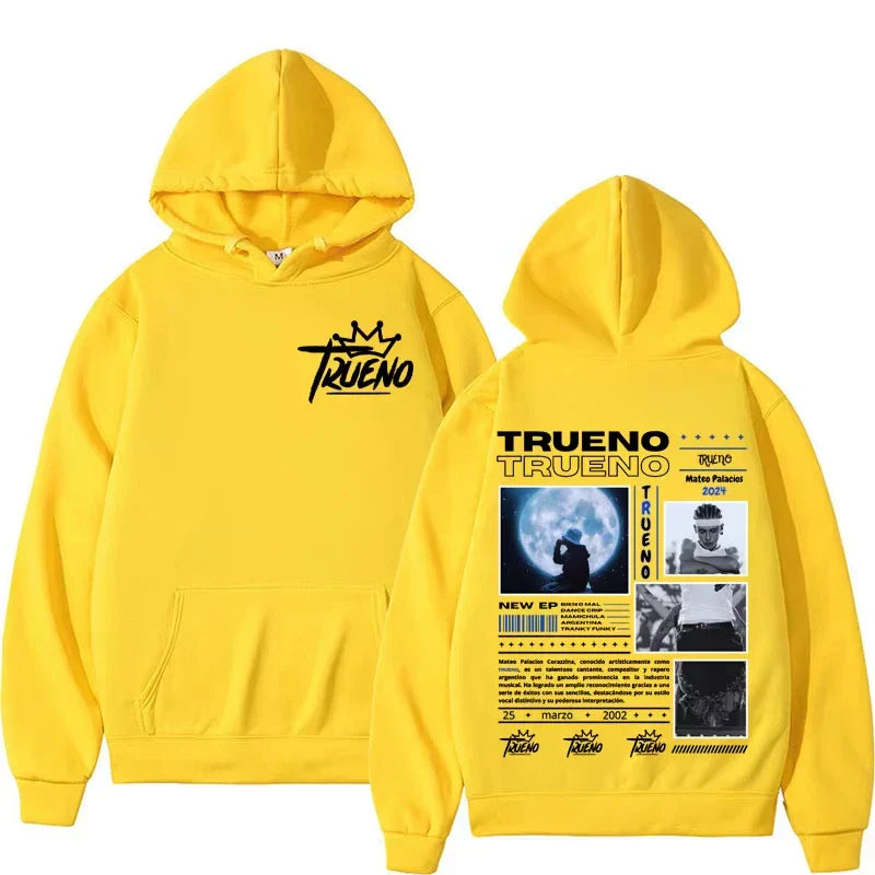 Bright yellow fleece rapper trueno album hoodie male harajuku with black logo front and detailed punk rock hoodies back print