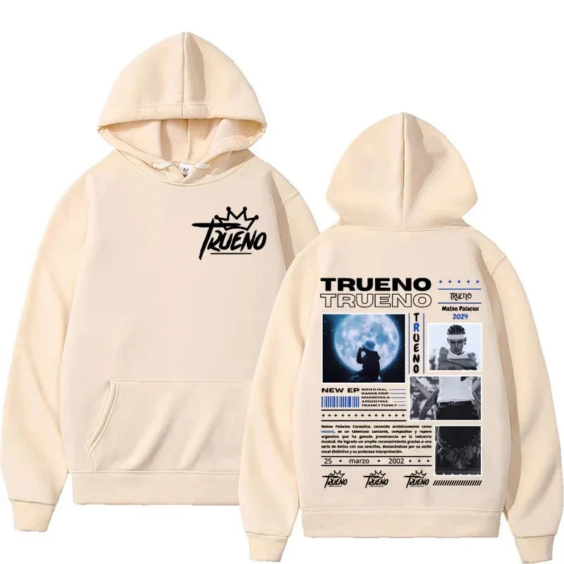 Cream-colored fleece rapper trueno album hoodie male harajuku punk rock hoodies with logo and detailed back print
