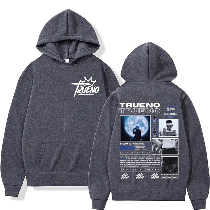 Dark gray fleece rapper trueno album hoodie male harajuku with white logo front and back punk rock hoodies design