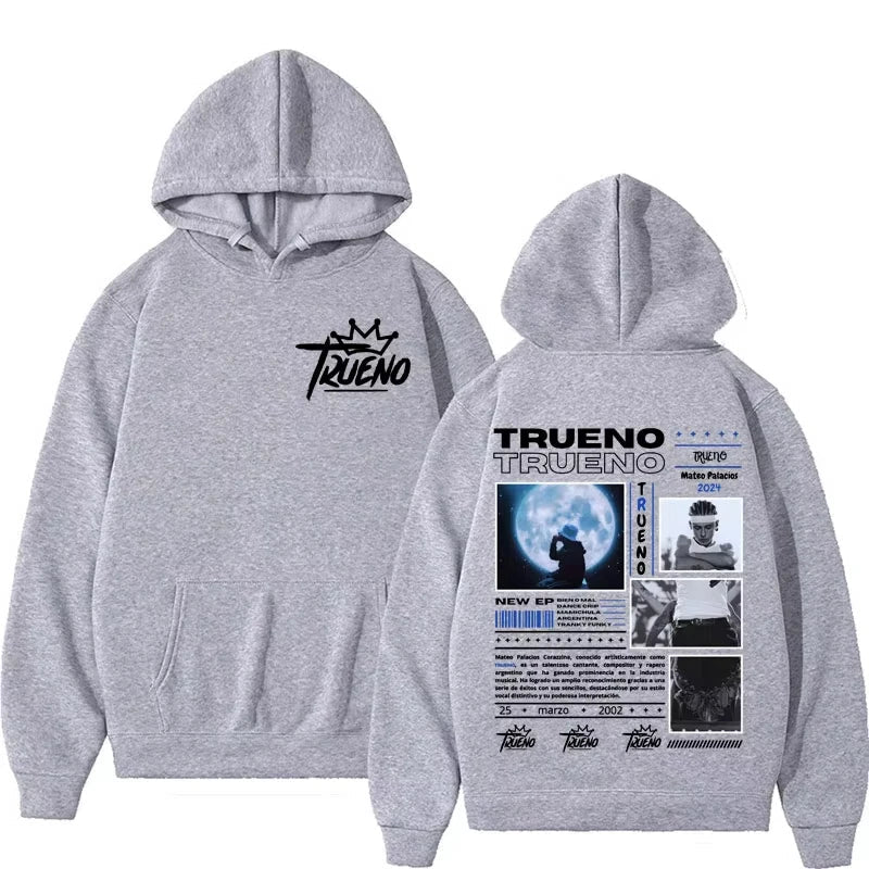 Gray fleece rapper trueno album hoodie male harajuku with black logo front and detailed punk rock hoodies back print