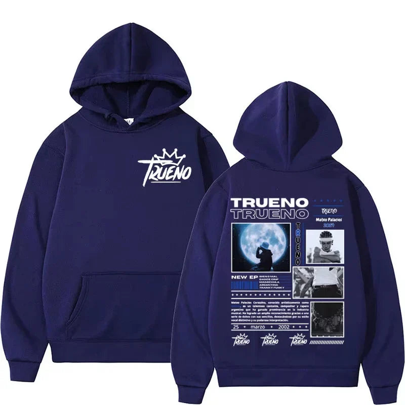 Navy blue hoodie male harajuku featuring white trueno logo with crown front and rapper trueno album graphic back print