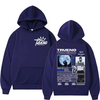 Navy blue hoodie male harajuku featuring white trueno logo with crown front and rapper trueno album graphic back print
