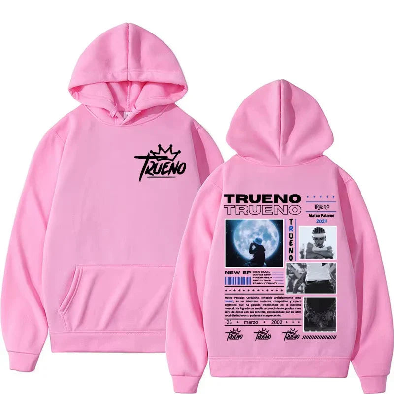 Pink hoodie male harajuku featuring rapper trueno album cover print and black trueno logo crown fleece sweatshirt