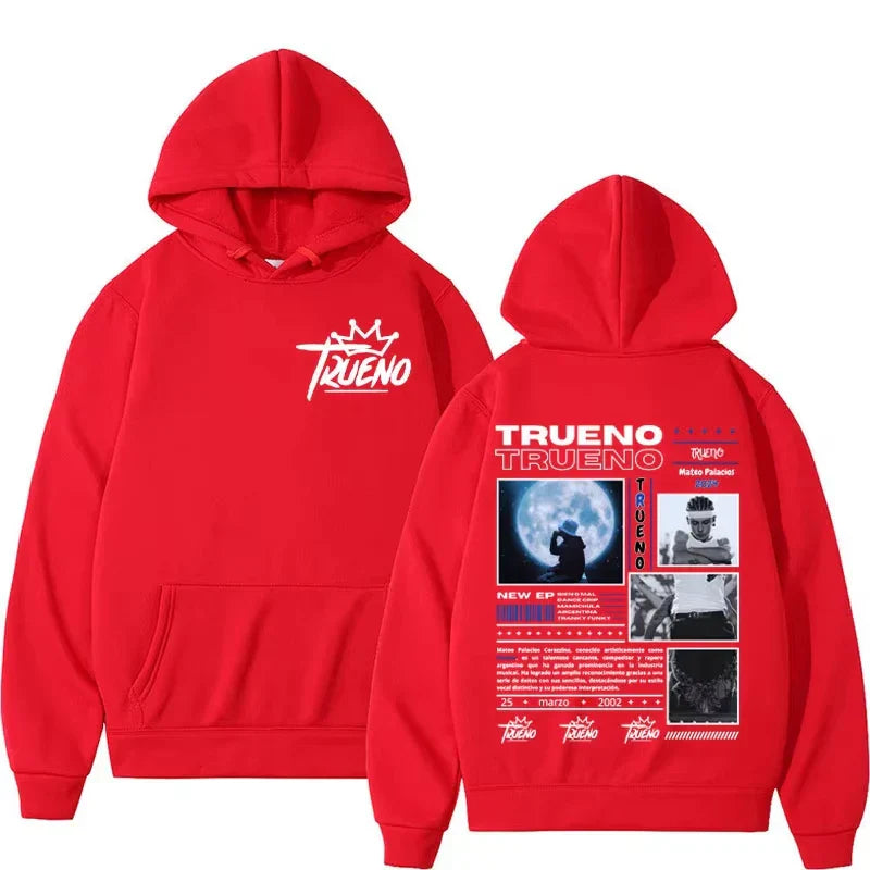 Red hoodie male harajuku with white trueno logo front and detailed punk rock hoodies back graphic design fleece sweatshirt