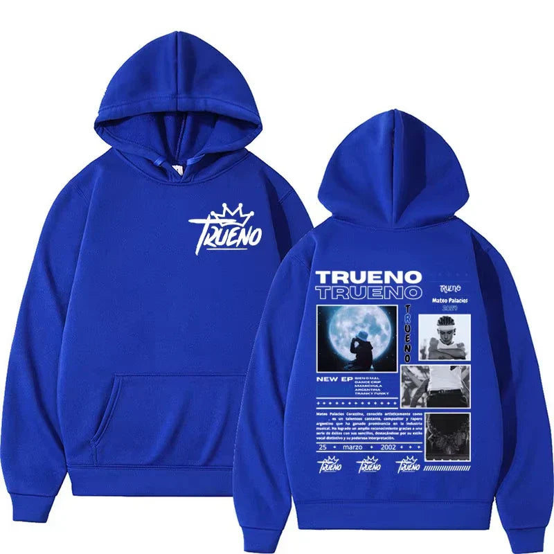 Royal blue fleece hoodie male harajuku with white rapper trueno album moon design on back punk rock hoodies