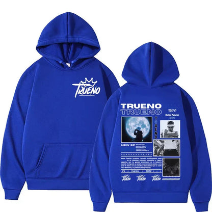 Royal blue fleece hoodie male harajuku with white rapper trueno album moon design on back punk rock hoodies