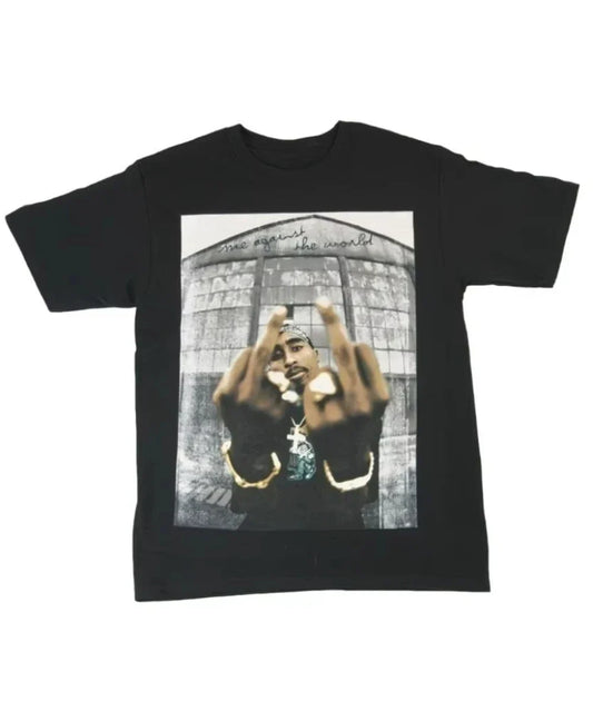 Black cotton rapper tupac world t-shirt men’s with graphic print peace sign and hip hop cotton short-sleeve design