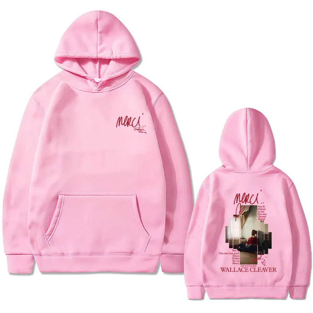Front view of pink fleece merci hoodie men by rapper wallace cleaver featuring red script and detailed pop music streetwear back print