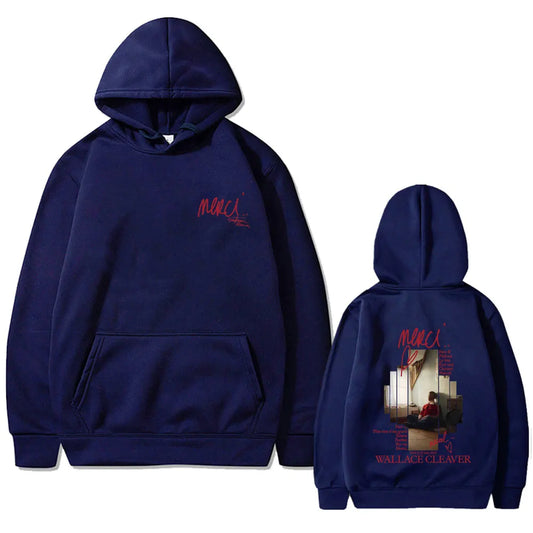 Navy blue fleece rapper wallace cleaver merci hoodie men with red script front and detailed graphic print back for pop music streetwear