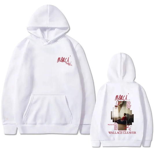 White fleece merci hoodie men with red rapper wallace cleaver album cover print for pop music streetwear style