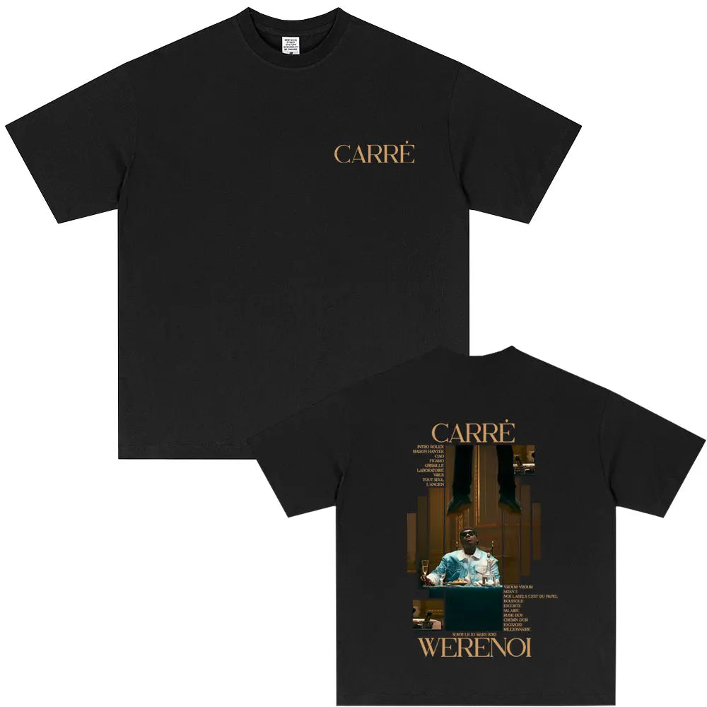 Black short-sleeved t-shirt with gold carré logo front and album graphic print back for hip hop fashion casual vintage tshirt