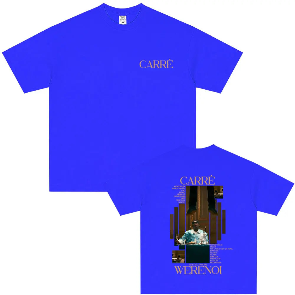 Bright blue short-sleeved casual vintage tshirt with rapper album graphic print and gold foil hip hop fashion lettering