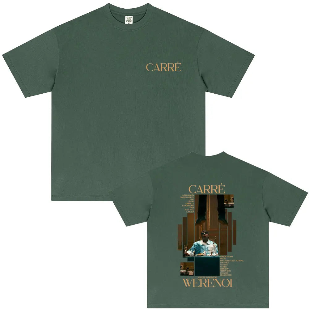 Dark green short-sleeved tshirt with gold carre logo front and album graphic print back for hip hop fashion