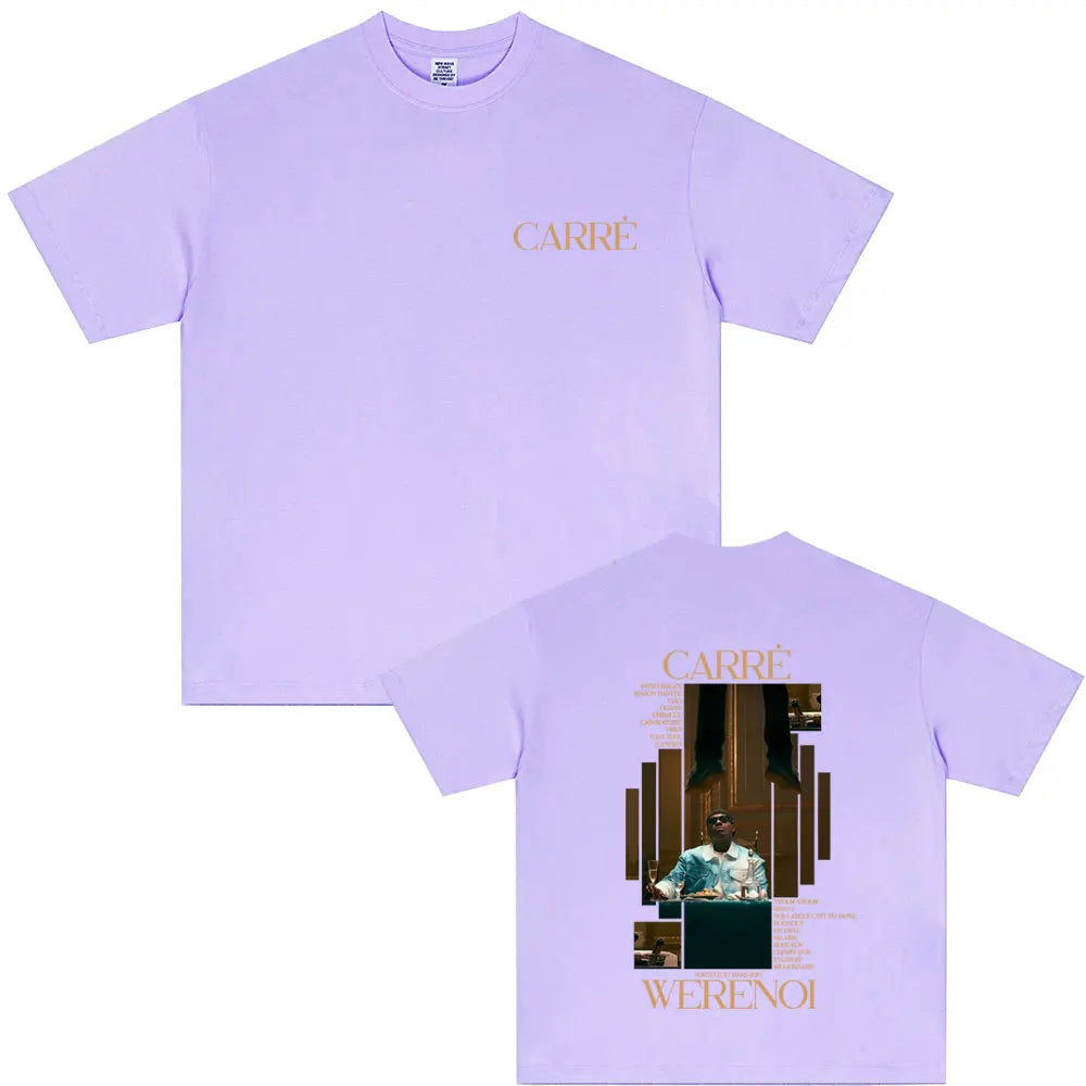 Light purple short-sleeved tshirt with gold carré logo front and werenot album graphic print back in hip hop fashion vintage style