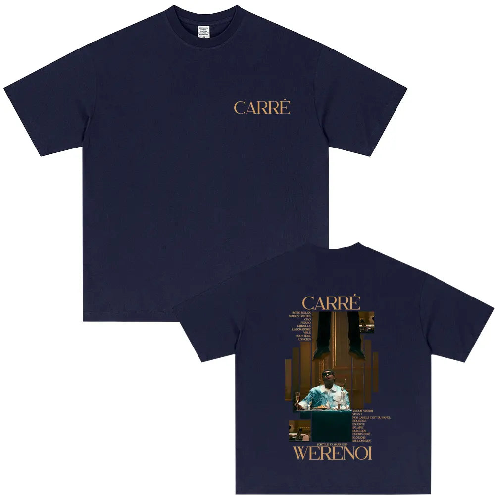 Navy blue casual vintage tshirt with gold carre text and rapper graphic album print for hip hop fashion