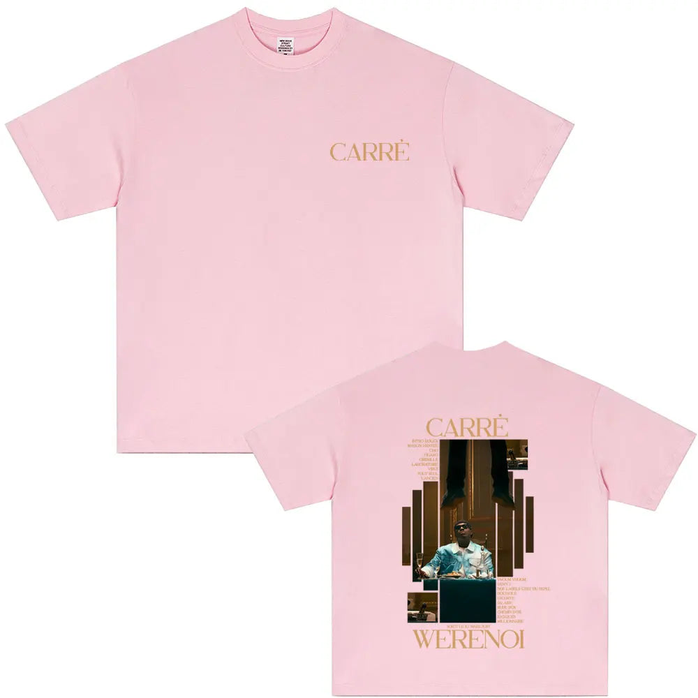 A soft pink short-sleeved casual vintage tshirt with gold embossed carre logo and rapper werenoi album graphic print