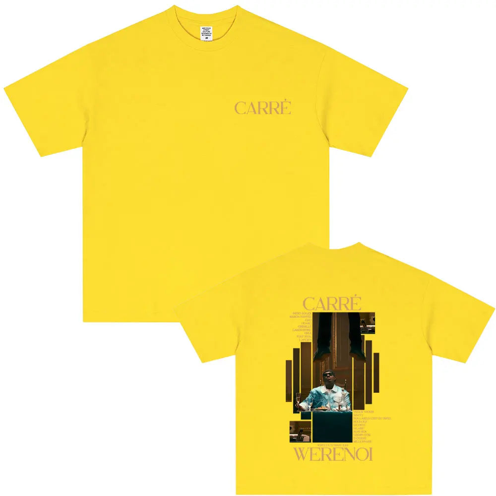 Bright yellow short-sleeved rapper werenoi carré album graphic print t shirt for hip hop fashion and casual vintage wear back side