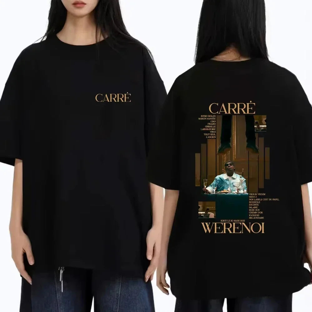 Black oversized t shirt with gold lettering and rapper werenoi graphic on back for hip hop fashion and male casual vintage wear