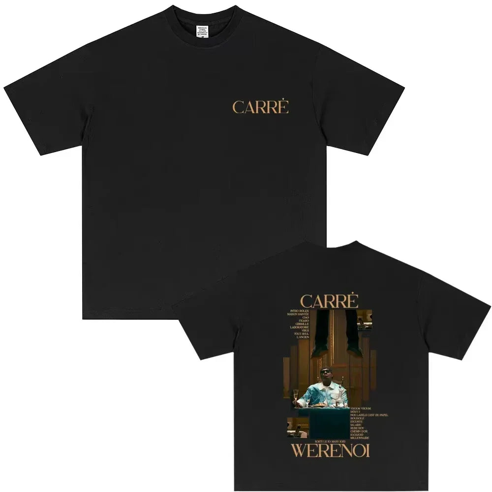Black short-sleeved t-shirt with gold embossed carre logo front and rapper werenoi graphic print back for hip hop fashion male casual vintage style