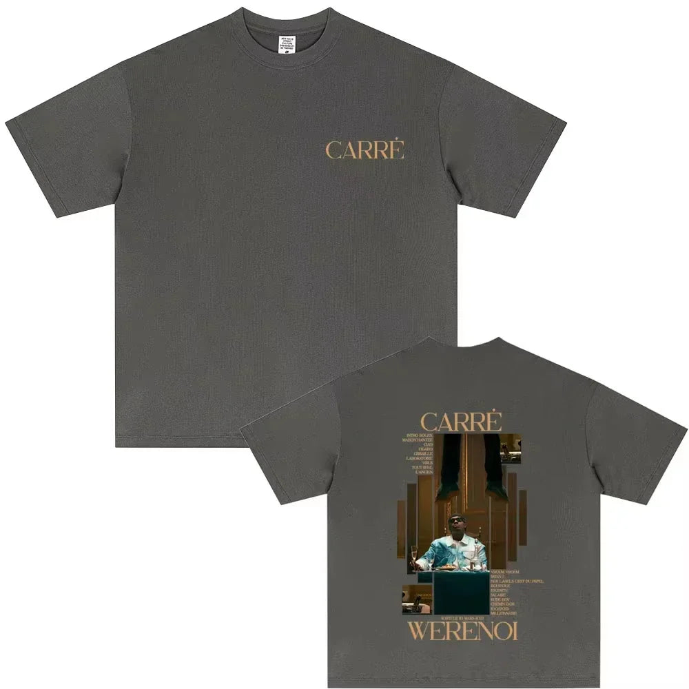 Dark gray short-sleeved t-shirt with gold embossed carre logo front and rapper werenoi graphic print back hip hop fashion male casual vintage