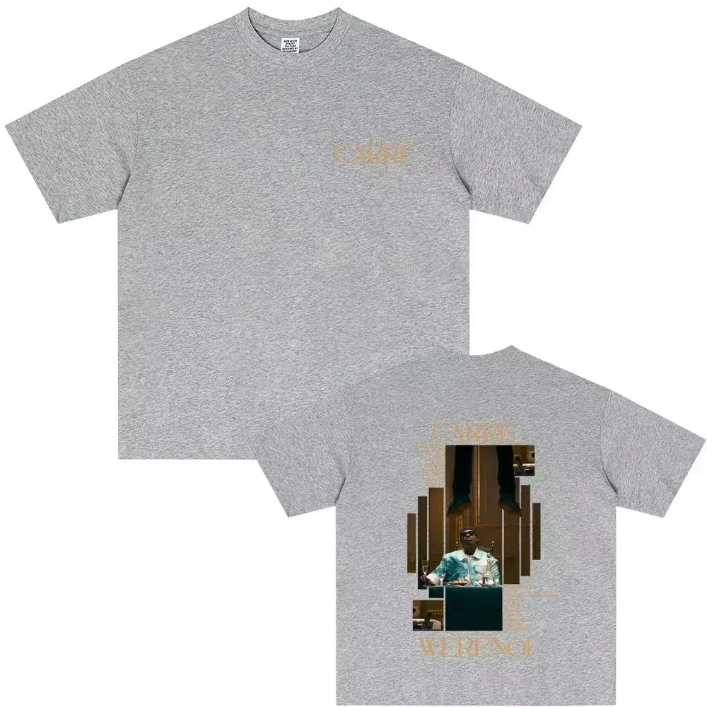 Gray heathered cotton t shirt with gold foil rapper werenoi graphic and veronica text for male casual vintage hip hop fashion