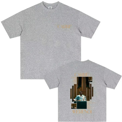 Gray heathered cotton t shirt with gold foil rapper werenoi graphic and veronica text for male casual vintage hip hop fashion