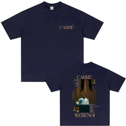 Navy blue short-sleeved t-shirt with gold rapper WeRenoi graphic print for male casual vintage hip hop fashion