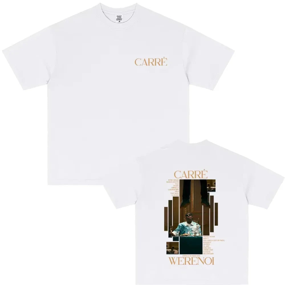 White cotton t-shirt with gold carre logo front and rapper werenoi graphic print on back for hip hop fashion male casual vintage