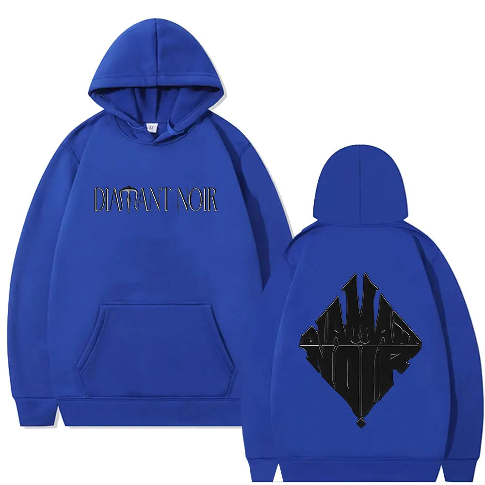 Royal blue rapper werenoi diamant noir graphic hoodie with black stylized logo front and back for hip hop fashion