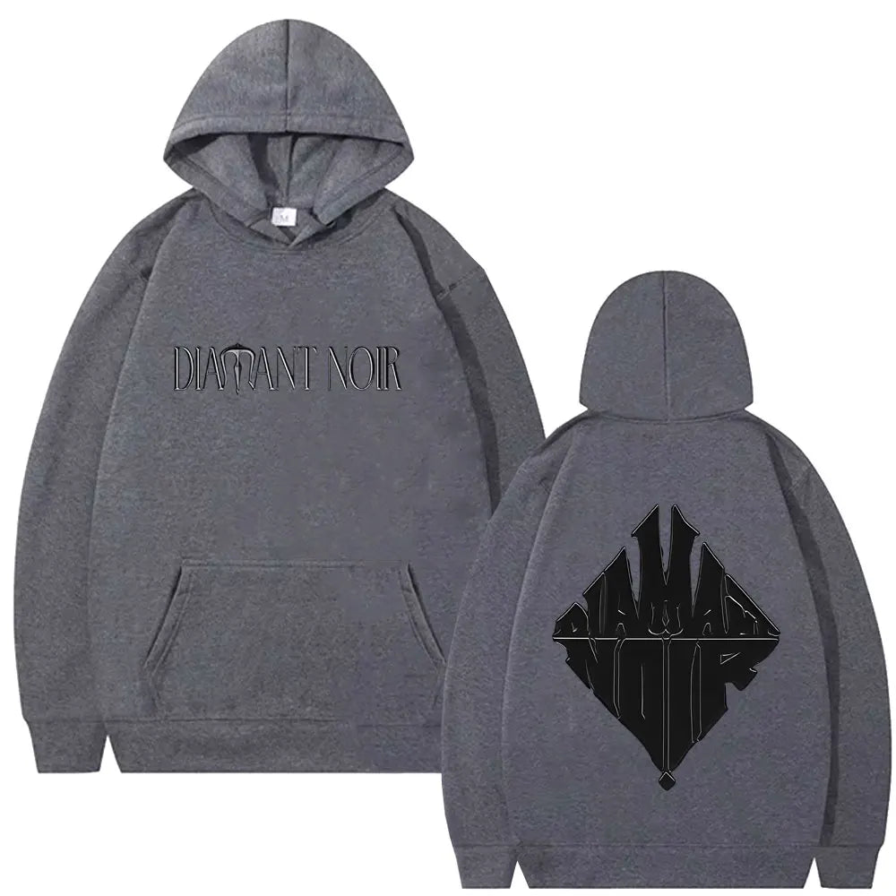 Gray heathered rapper werenoi diamant noir graphic hoodie with black stylized lettering front and diamond logo back hip hop fashion