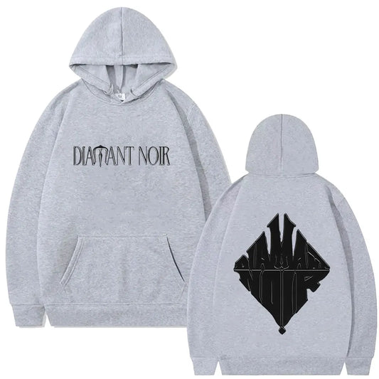 Gray heathered rapper werenoi diamant noir graphic hoodie with black text front and diamond logo on back hip hop fashion