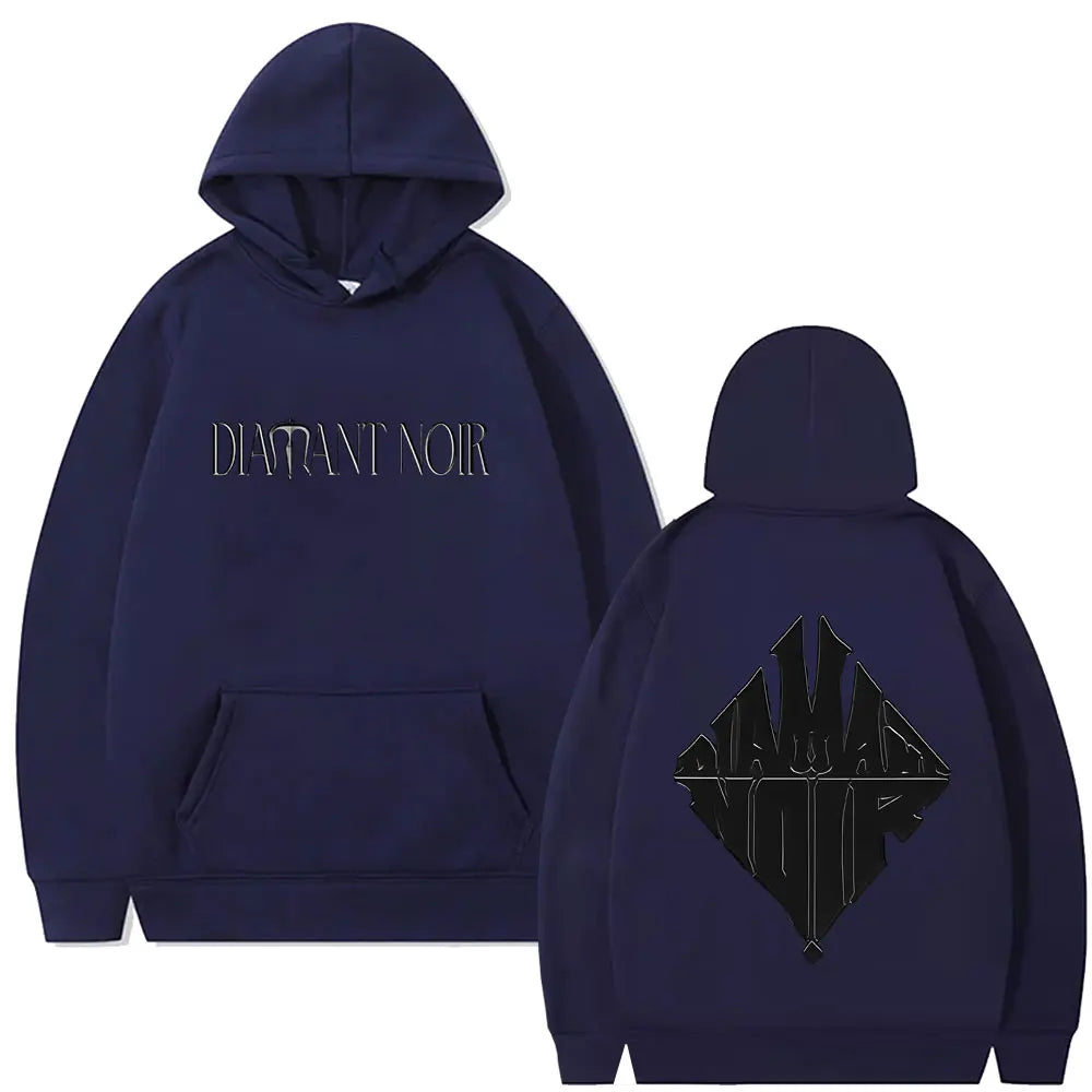 Navy blue rapper werenoi diamant noir graphic hoodie with silver foil print front and black geometric logo back for hip hop fashion