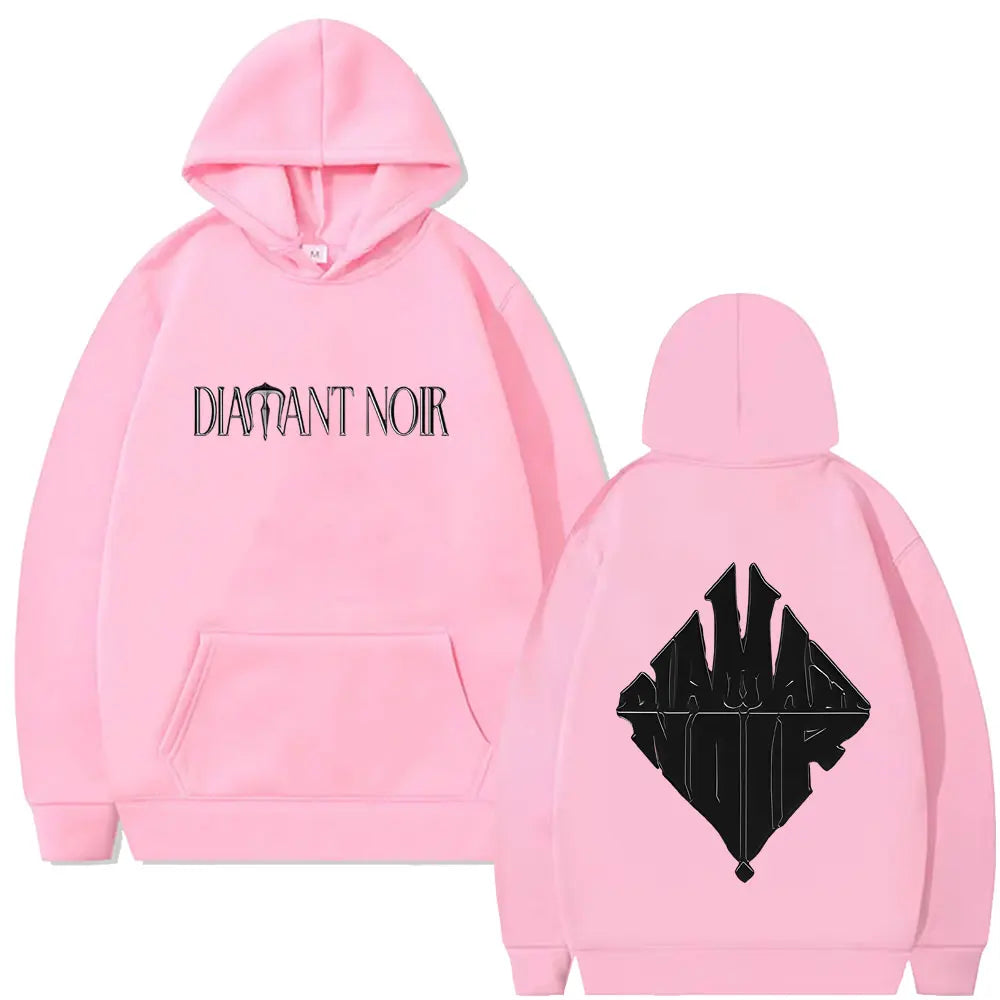 Pink hooded sweatshirt featuring black diamant noir graphic branding front and back for hip hop fashion by rapper werenoi